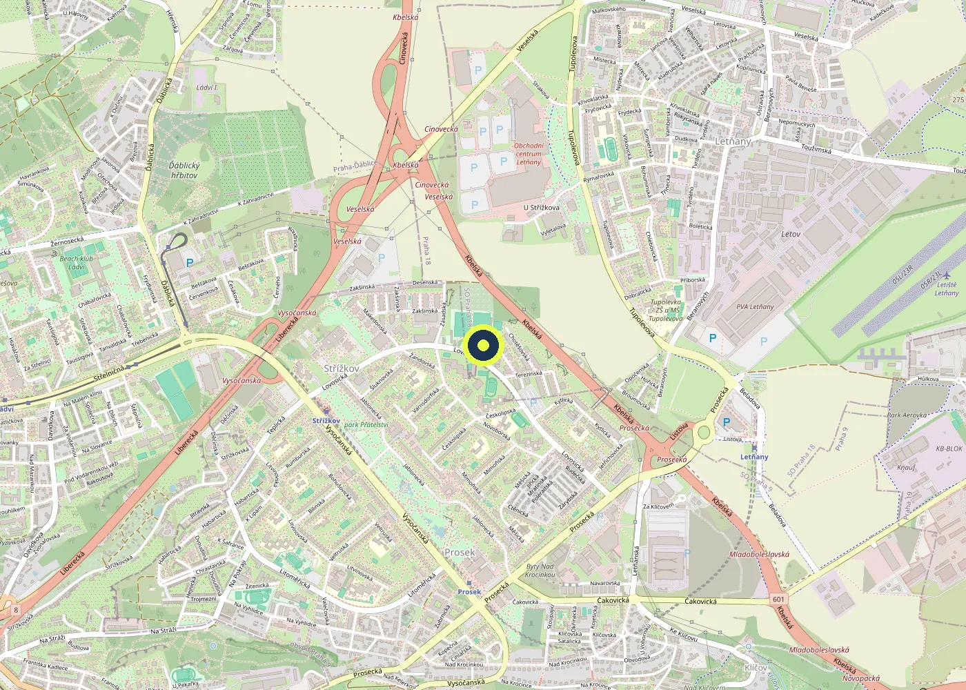 Mapa okolí: Sky Sport City, Lovosická 559/32, Praha - Letňany, poblíž metra Prosek
